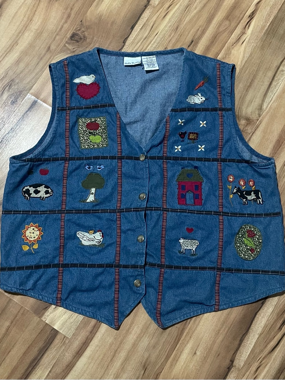 VTG 90s Bobbie Brooks Patchwork Denim Farm Vest Embroidered Grandmacore XL